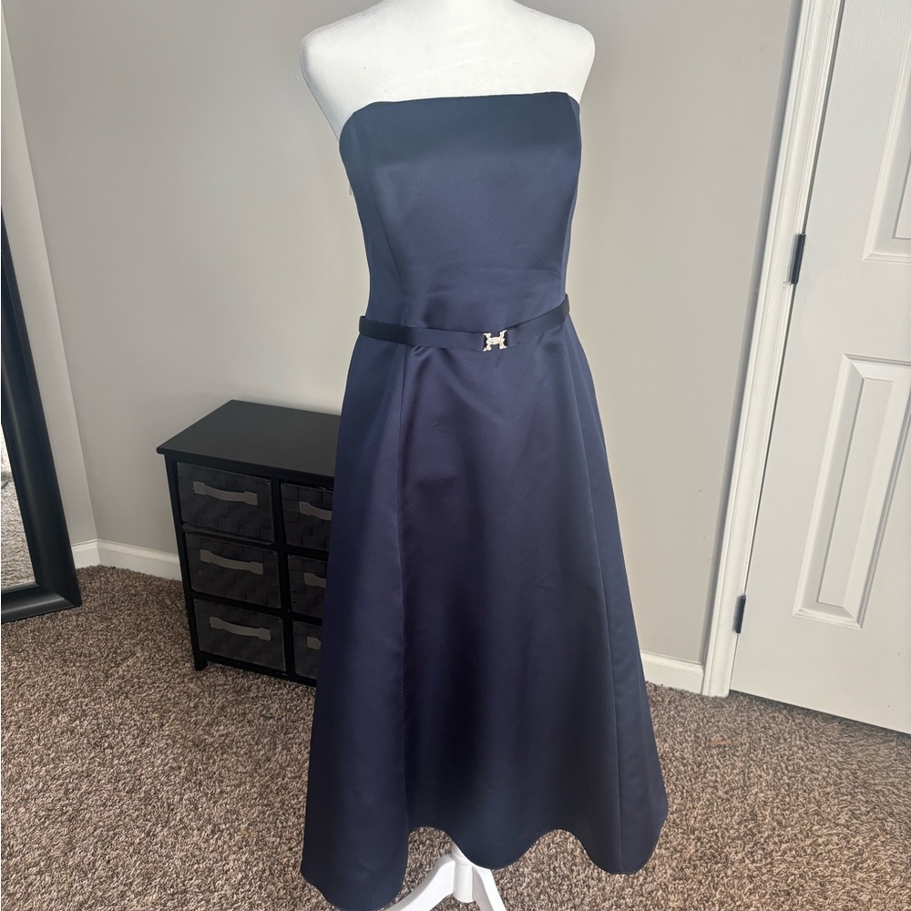 Navy Blue strapless semi-formal dress. Embellished belt. Size 14. Shiny finish